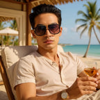 Homem usando o Óculos de Sol Quadrado Masculino Mionelle Milano Degradê Preto na praia