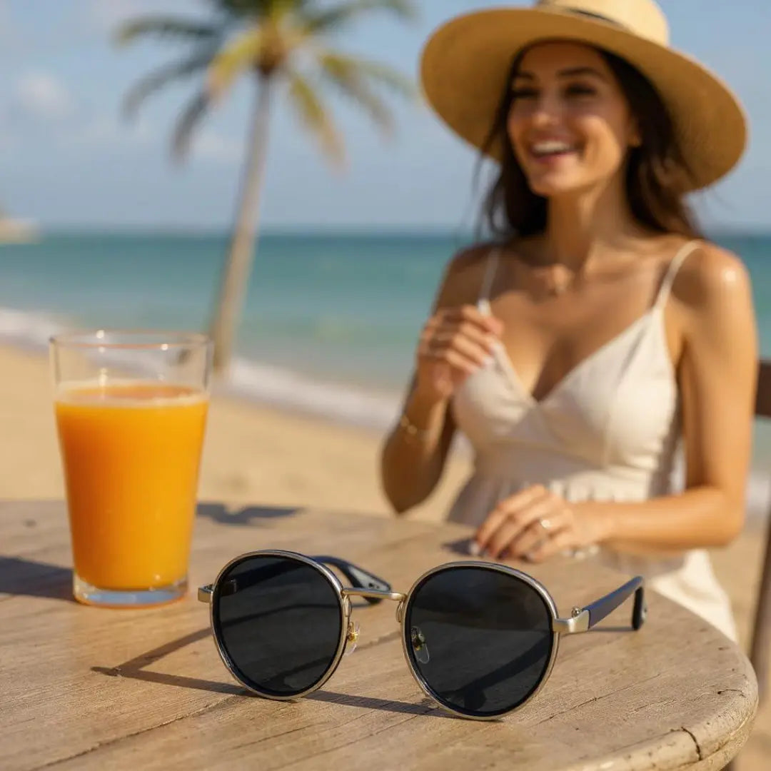 Óculos de Sol Redondo Vintage Masculino ou Feminino Mionele Orion Azul sobre uma mesa de madeira ao lado de um copo de suco e uma mulher feliz sentada na cadeira sob o cenário de uma praia