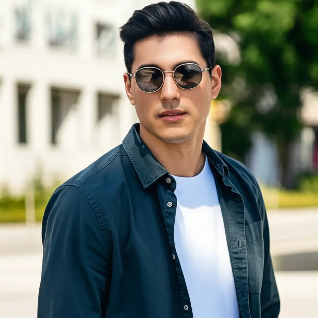 Homem moderno usando o Óculos de Sol Redondo Vintage Masculino ou Feminino Mionele Orion Azul