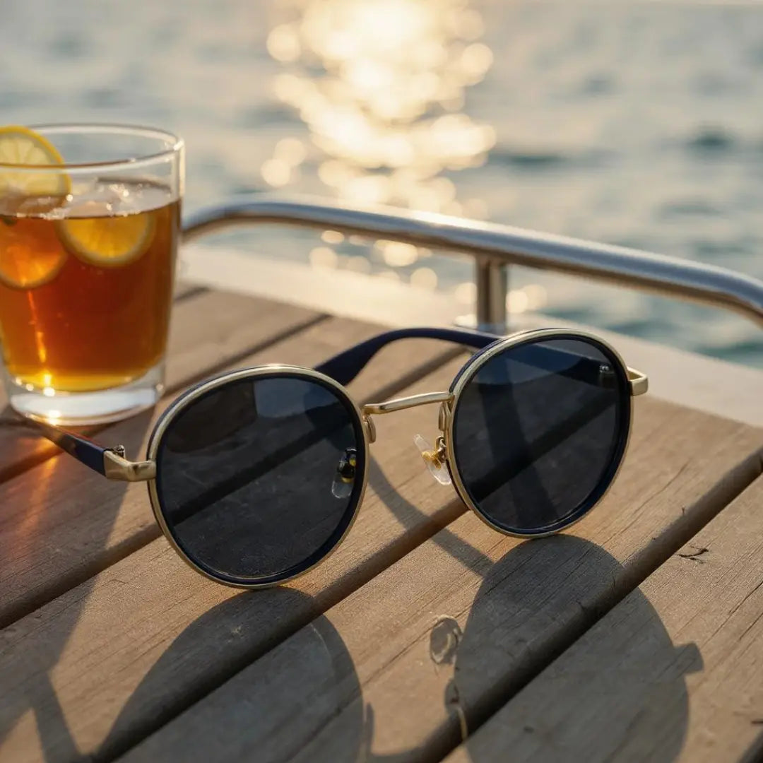 Óculos de Sol Redondo Vintage Masculino ou Feminino Mionele Orion Azul sobre uma mesa de madeira e uma mar desfocado no fundo.