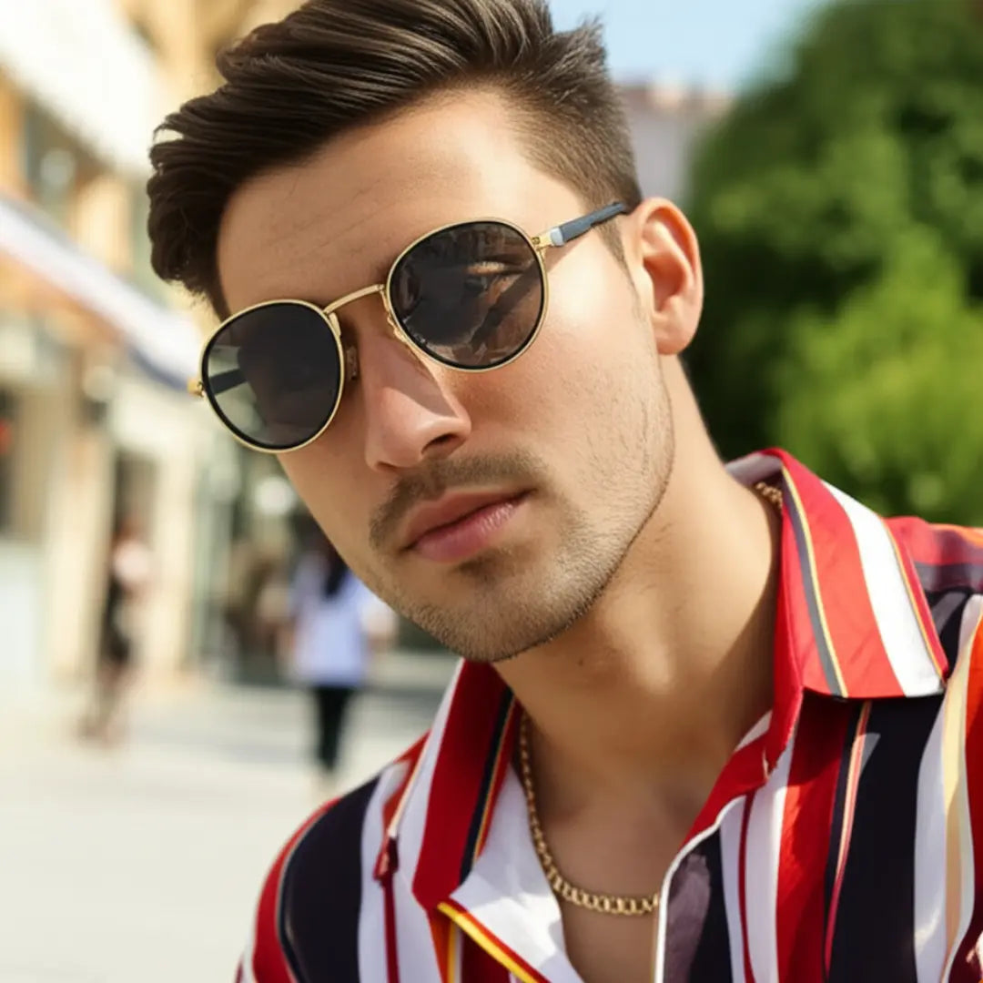 Homem estiloso usando o Óculos de Sol Redondo Vintage Masculino Mionelle Orion Golden Preto
