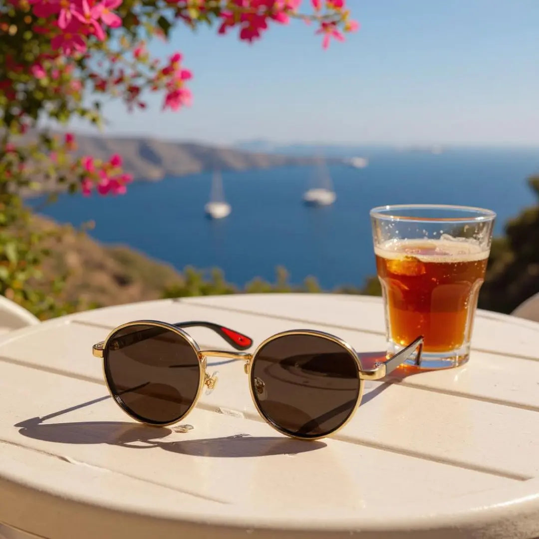 Óculos de Sol Redondo Vintage Masculino Mionelle Orion Golden Preto sobre uma mesa de madeira redondo com uma cendario de montanhas, mar e bacos desfocados ao fundo do cenário