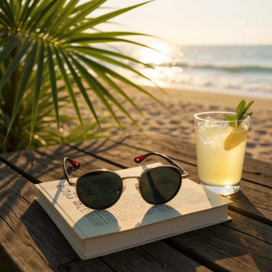 Óculos de Sol Redondo Vintage Masculino Mionelle Orion Golden Preto sobre uma mesa de madeira e um copo de suco do lado em uma praia paradisíaca 