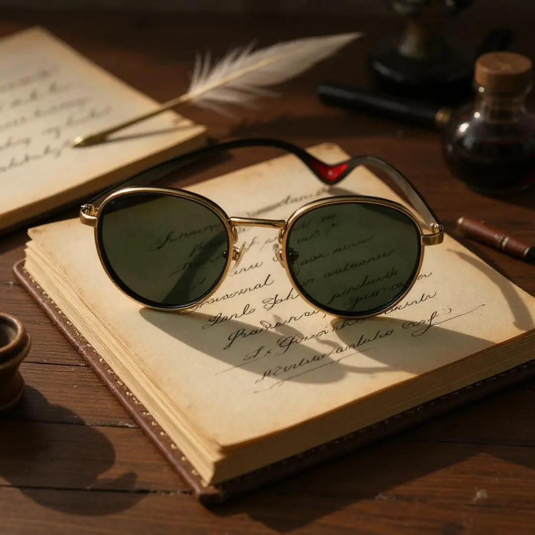 Óculos de Sol Redondo Vintage Masculino Mionelle Orion Golden Preto sobre um livro que está sobre uma mesa de escritório de madeira