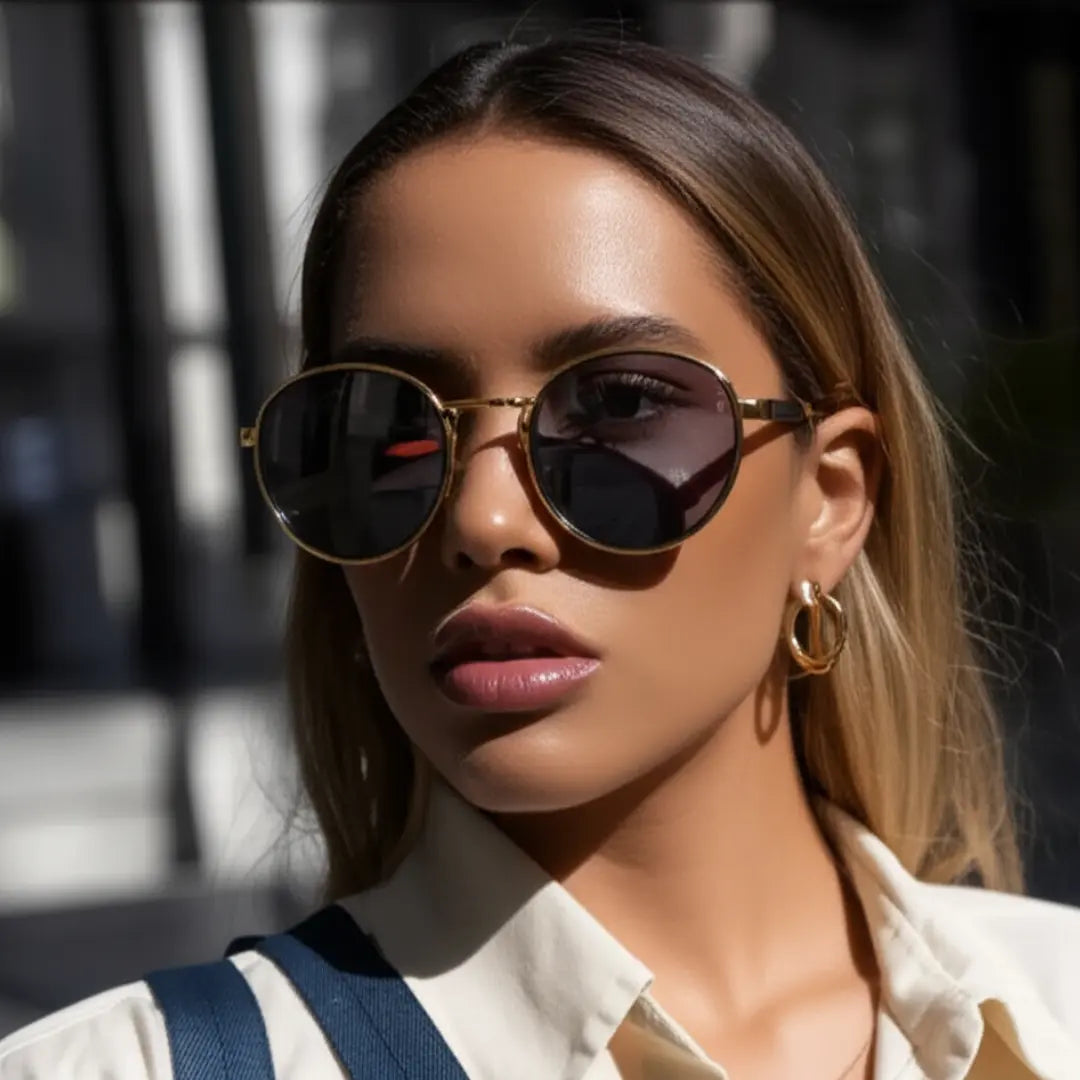 mulher sofisticada usando o Óculos de Sol Redondo Vintage Masculino Mionelle Orion Golden Preto