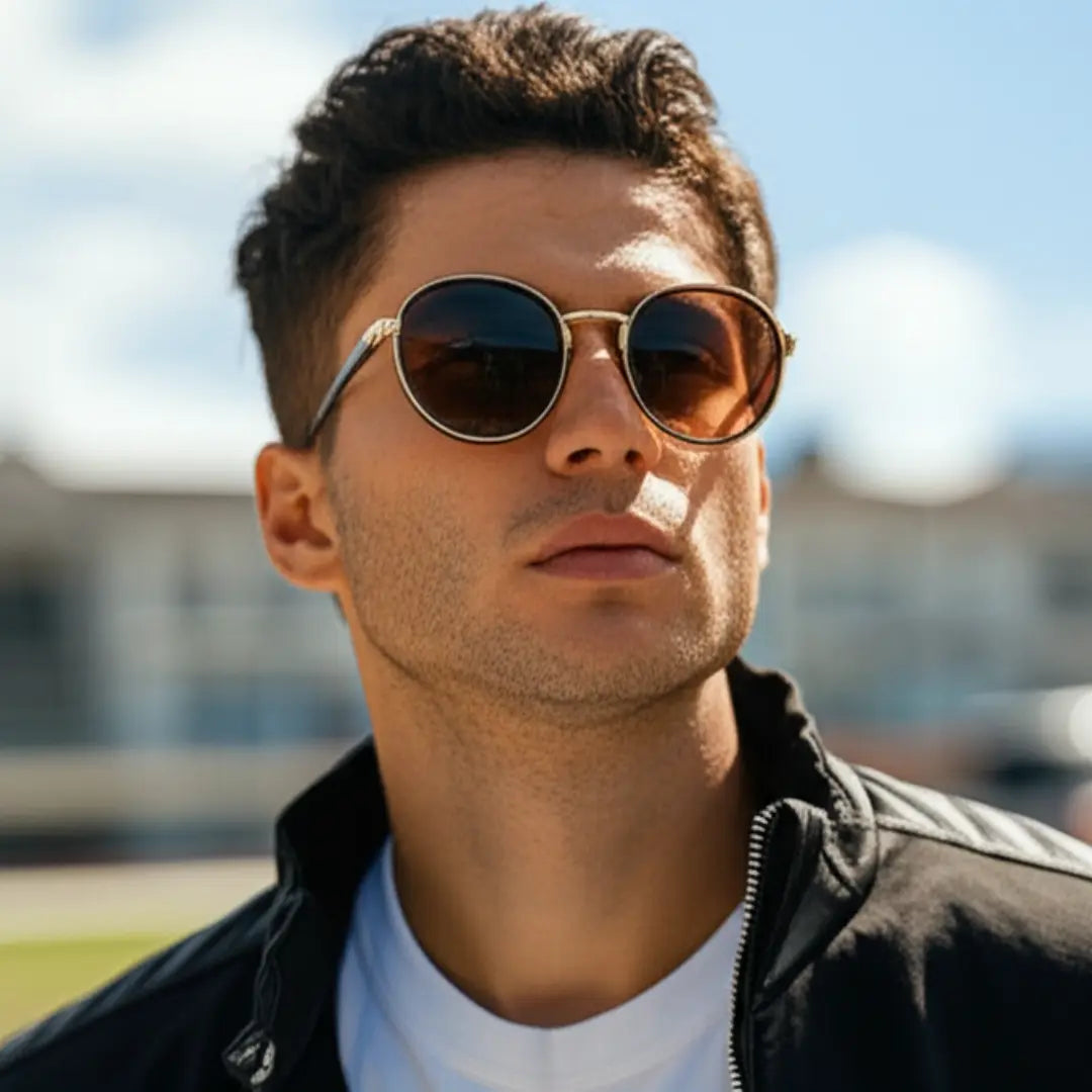 Homem moderno usando o Óculos de Sol Redondo Vintage Masculino Mionelle ou Feminino Orion Marrom