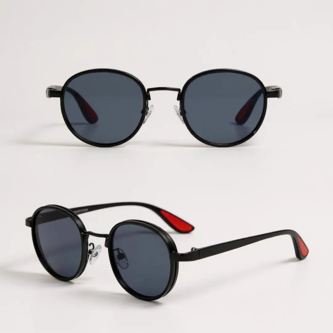 Óculos de Sol Redondo Vintage Masculino ou Feminino Mionele Orion Preto de frete e perfil sobre um fundo neutro