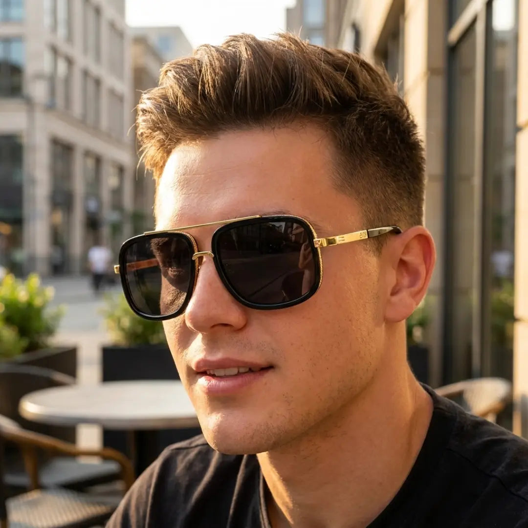 Homem usando óculos de sol aviador retrô Mionelle Milano Black