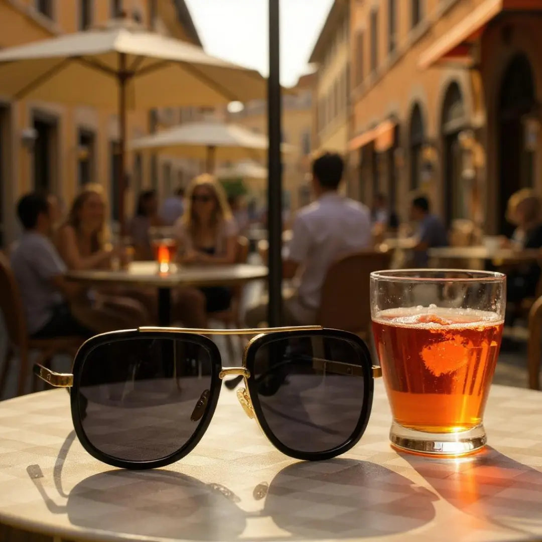 Óculos de Sol Quadrado Masculino Mionelle Milano Preto sob uma mesa