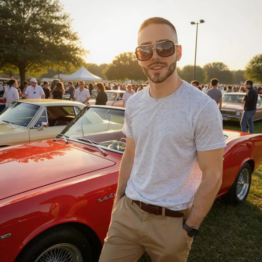 Homem jovem usando óculos de sol aviador Mionelle Milano Black — vista de frente