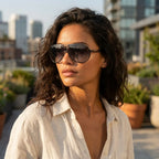 Mulher usando óculos de sol aviador vintage Mionelle Tesla All Black — estilo atitude