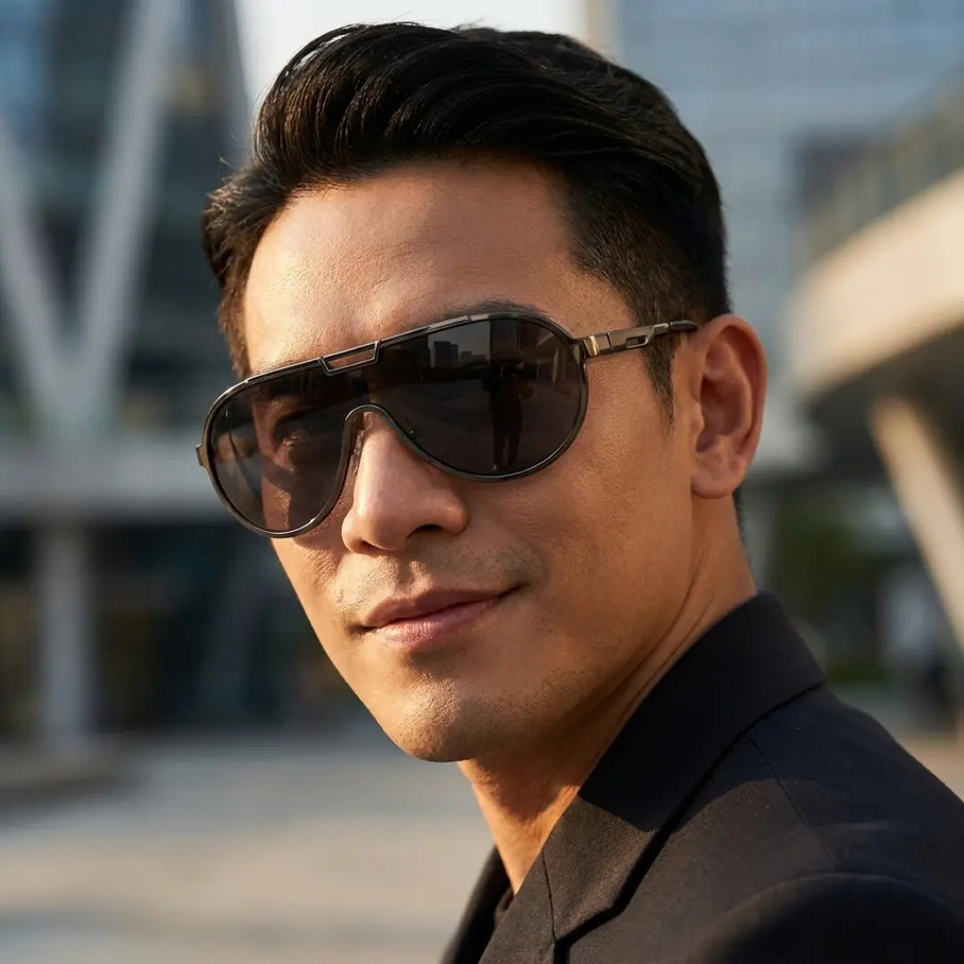 Homem usando óculos de sol aviador vintage Mionelle Tesla All Black — estilo urbano