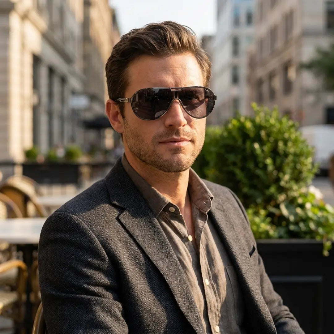 Homem usando óculos aviador vintage Mionelle Tesla All Black — ângulo lateral