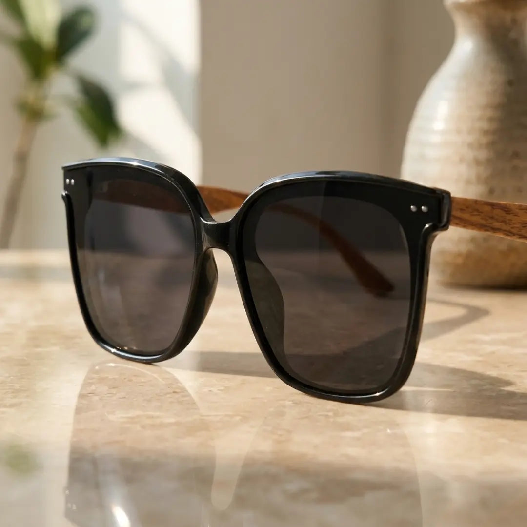 óculos de sol gatinho feminino preto oversized hastes de madeira