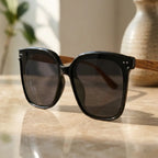 óculos de sol gatinho feminino preto oversized hastes de madeira