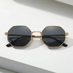óculos de sol octagonal feminino preto retrô metal dourado