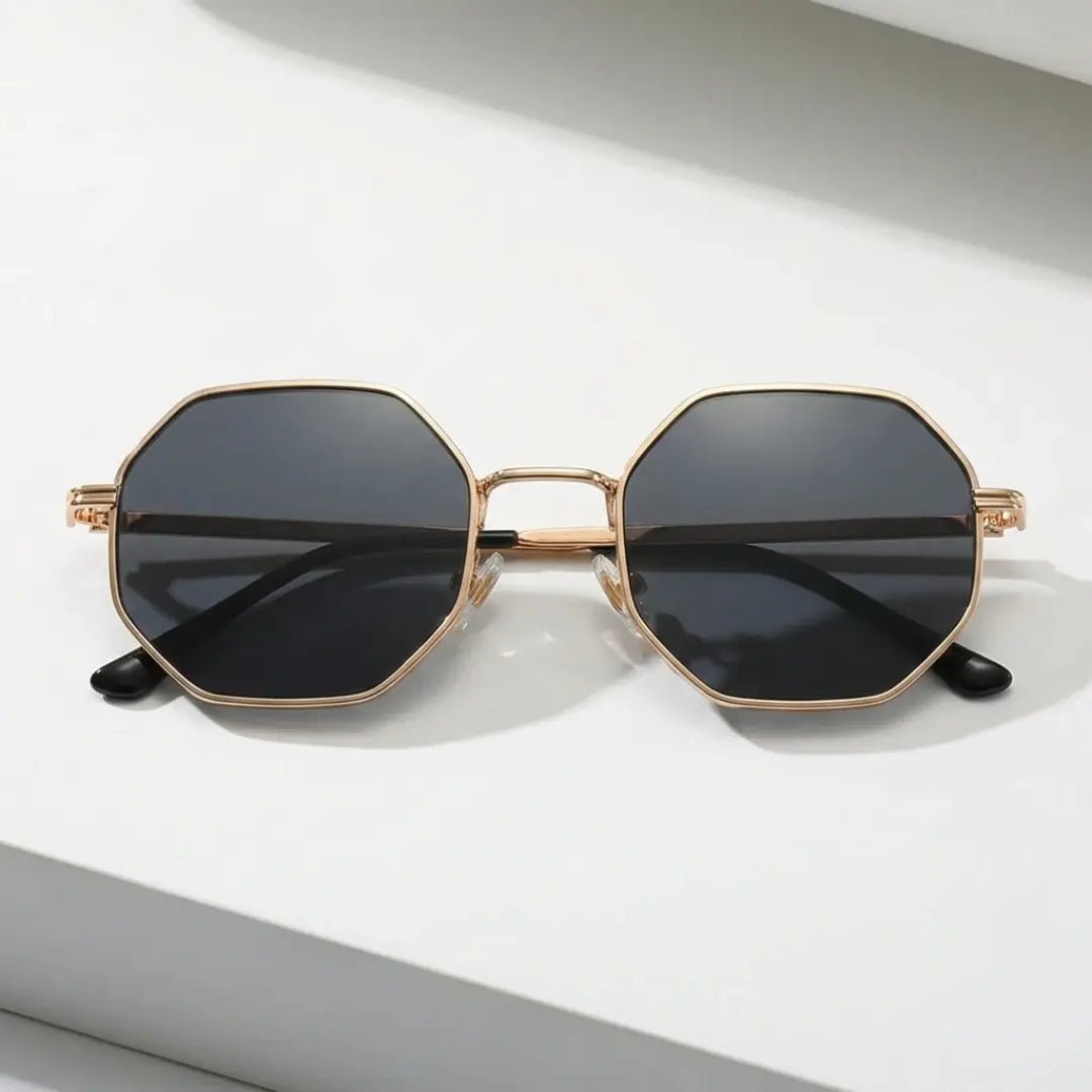 óculos de sol octagonal feminino preto retrô metal dourado