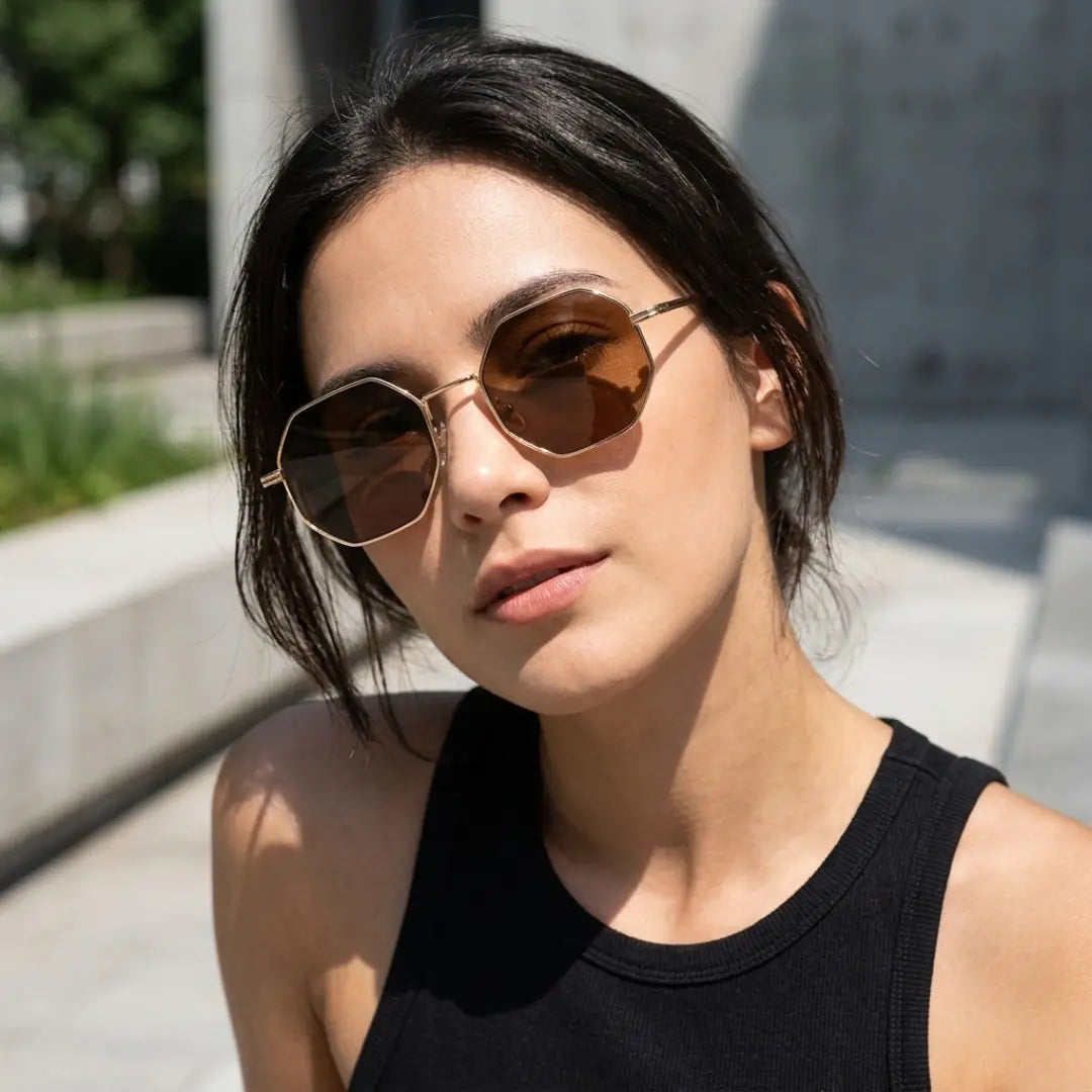 óculos de sol octagonal feminino marrom retrô lentes uv400