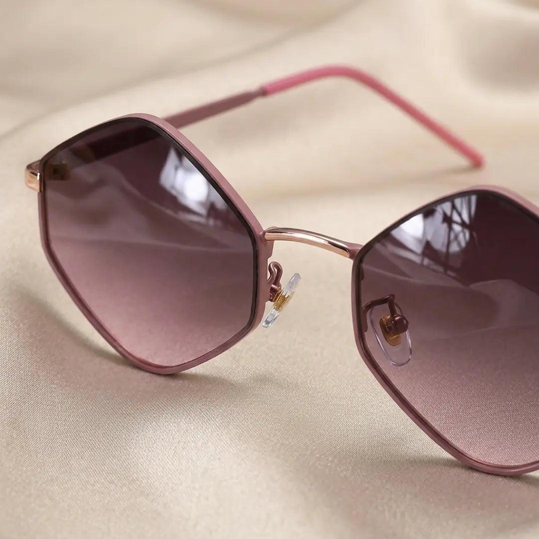 óculos de sol hexagonal feminino rosa retrô armação de metal detalhe