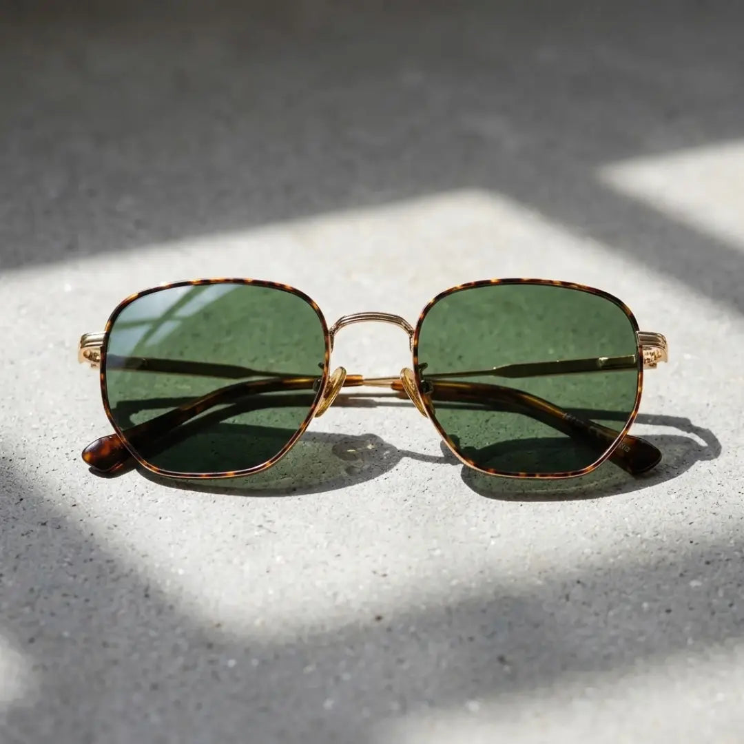 óculos de sol hexagonal verde polarizado mionelle cosmo metal dourado