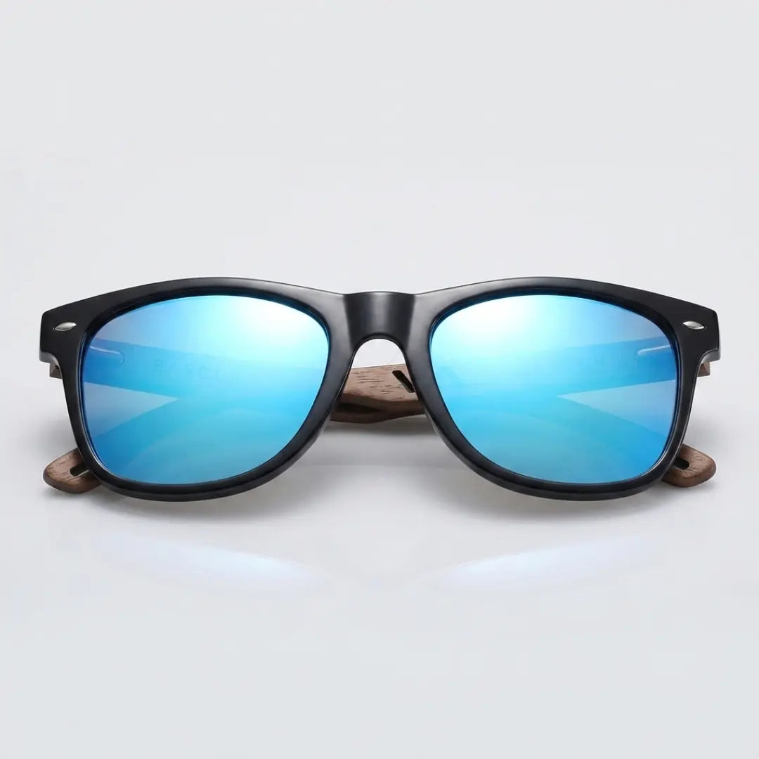 óculos de sol quadrado de madeira azul espelhado polarizado Mionelle Legado detalhe das lentes