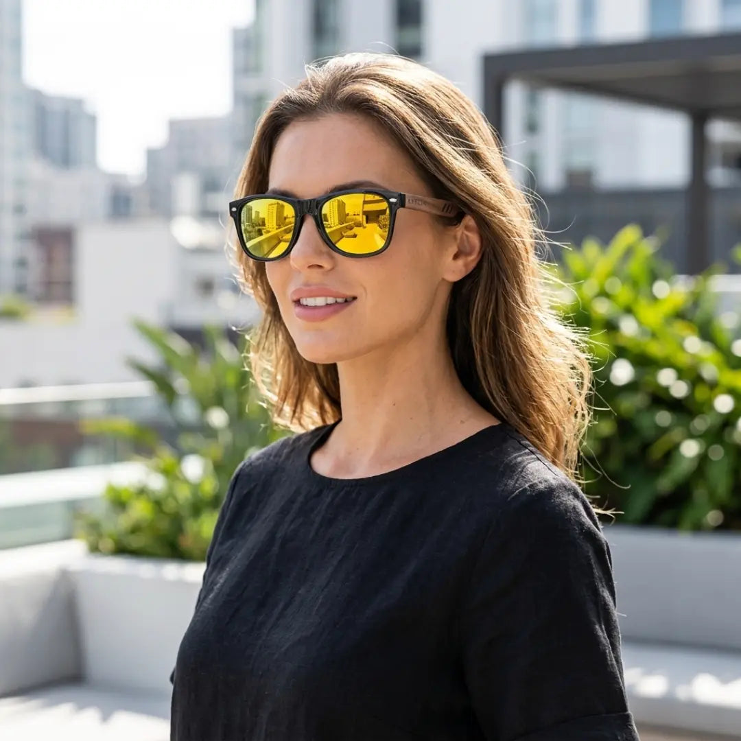óculos de sol quadrado de madeira feminino amarelo espelhado polarizado Mionelle Legado modelo