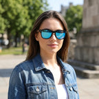 óculos de sol quadrado de madeira feminino azul espelhado polarizado Mionelle Legado look