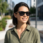 óculos de sol quadrado de madeira feminino preto polarizado Mionelle Legado lentes uv400