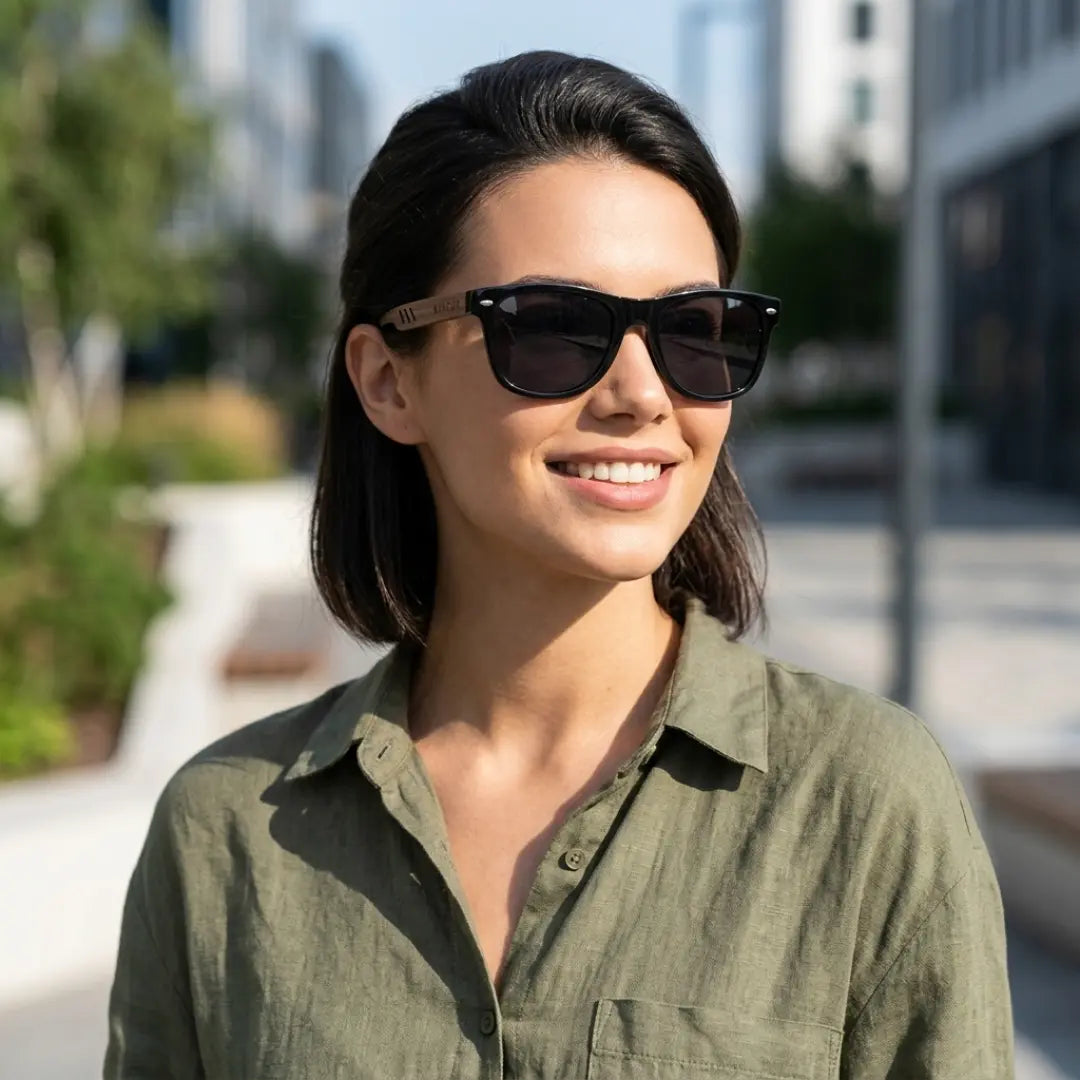 óculos de sol quadrado de madeira feminino preto polarizado Mionelle Legado lentes uv400