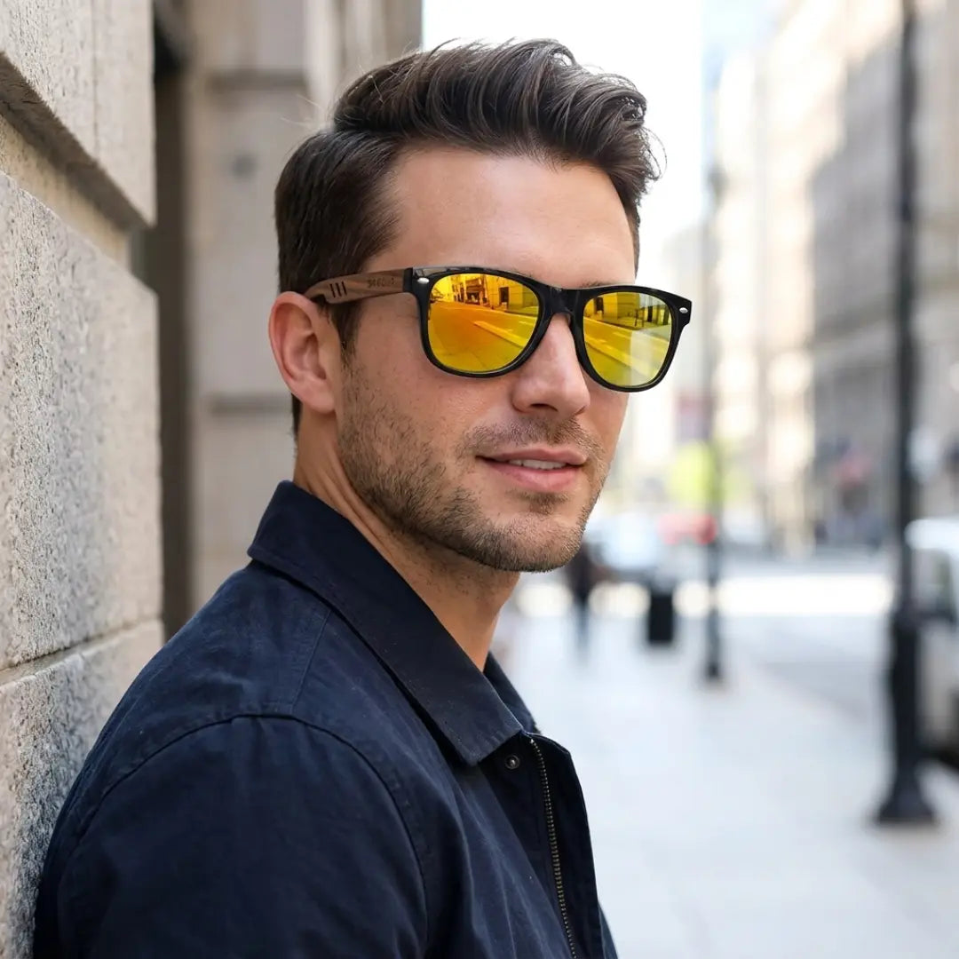 óculos de sol quadrado de madeira masculino amarelo espelhado polarizado Mionelle Legado em uso