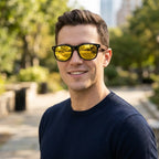 óculos de sol quadrado de madeira masculino amarelo espelhado polarizado Mionelle Legado lentes