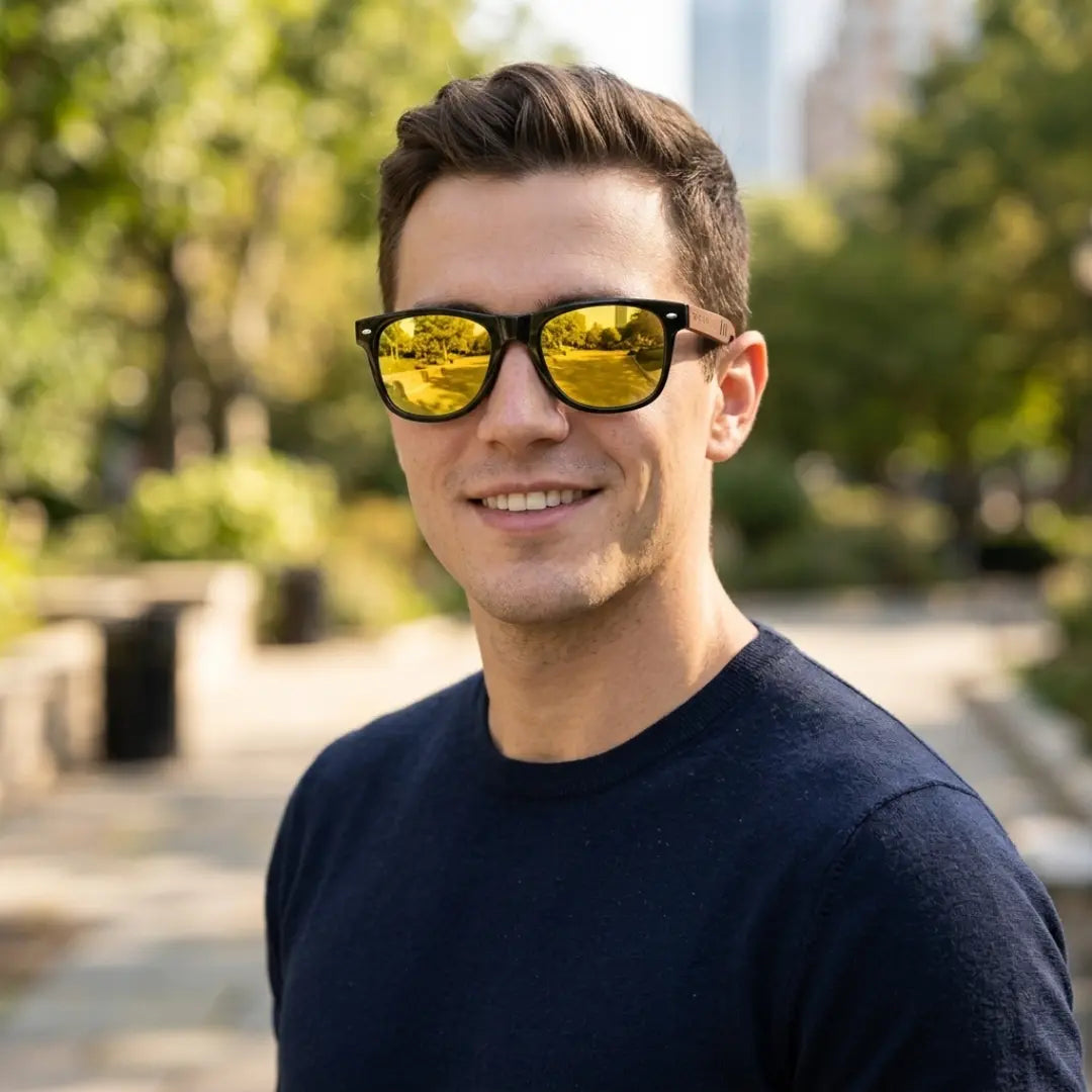 óculos de sol quadrado de madeira masculino amarelo espelhado polarizado Mionelle Legado lentes