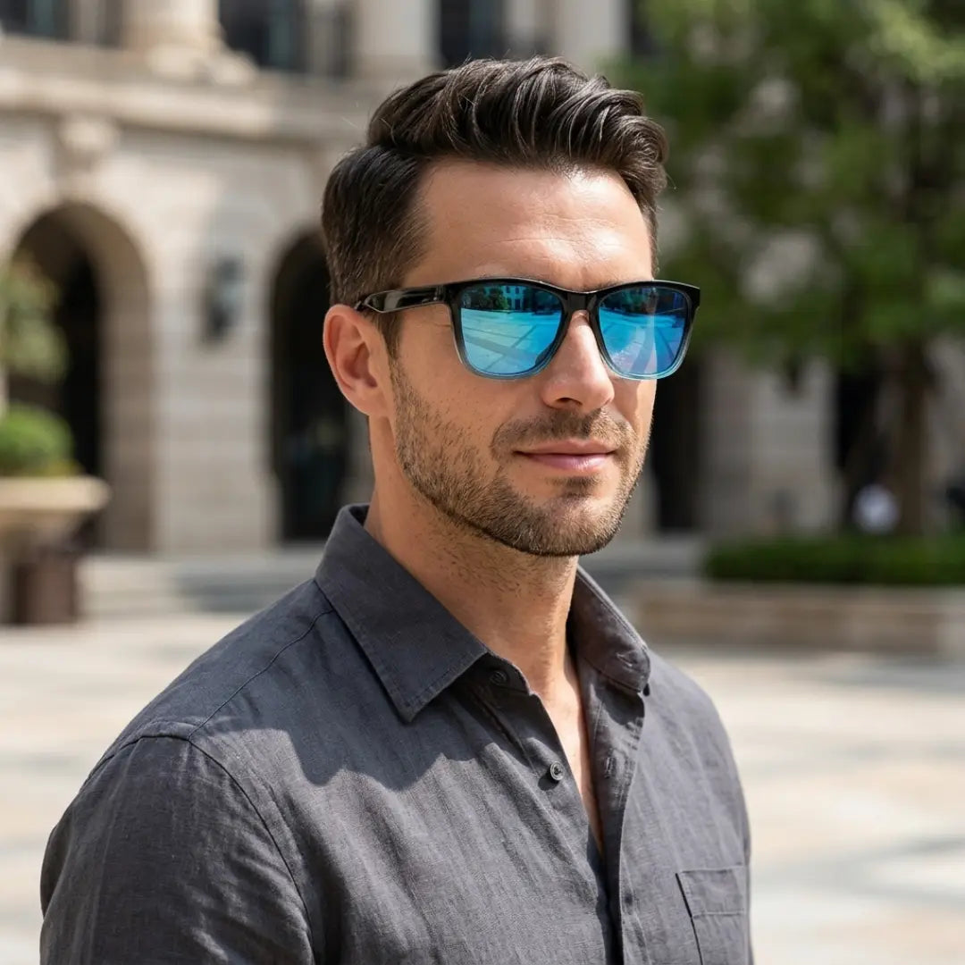 óculos de sol quadrado masculino polarizado espelhado azul frente