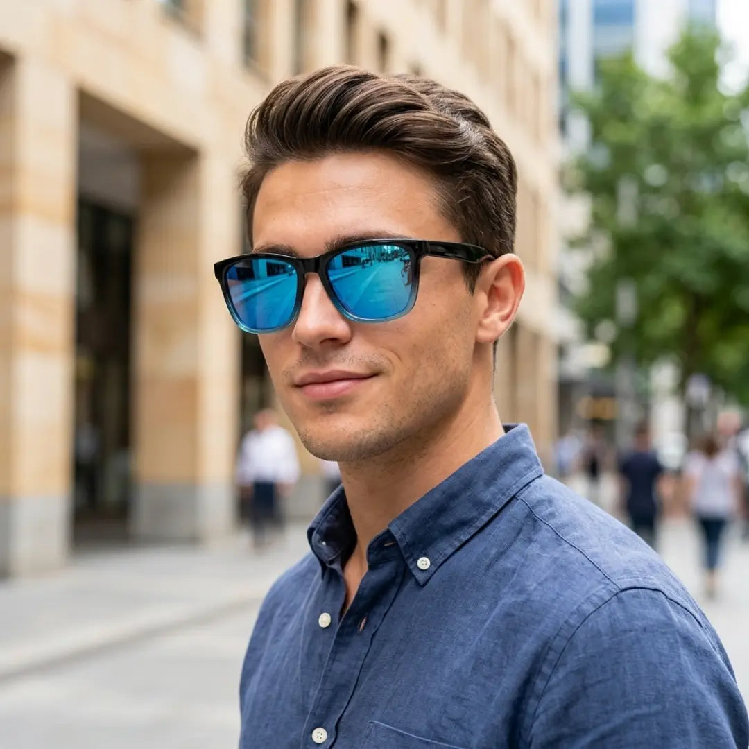 óculos de sol quadrado masculino polarizado espelhado azul policarbonato
