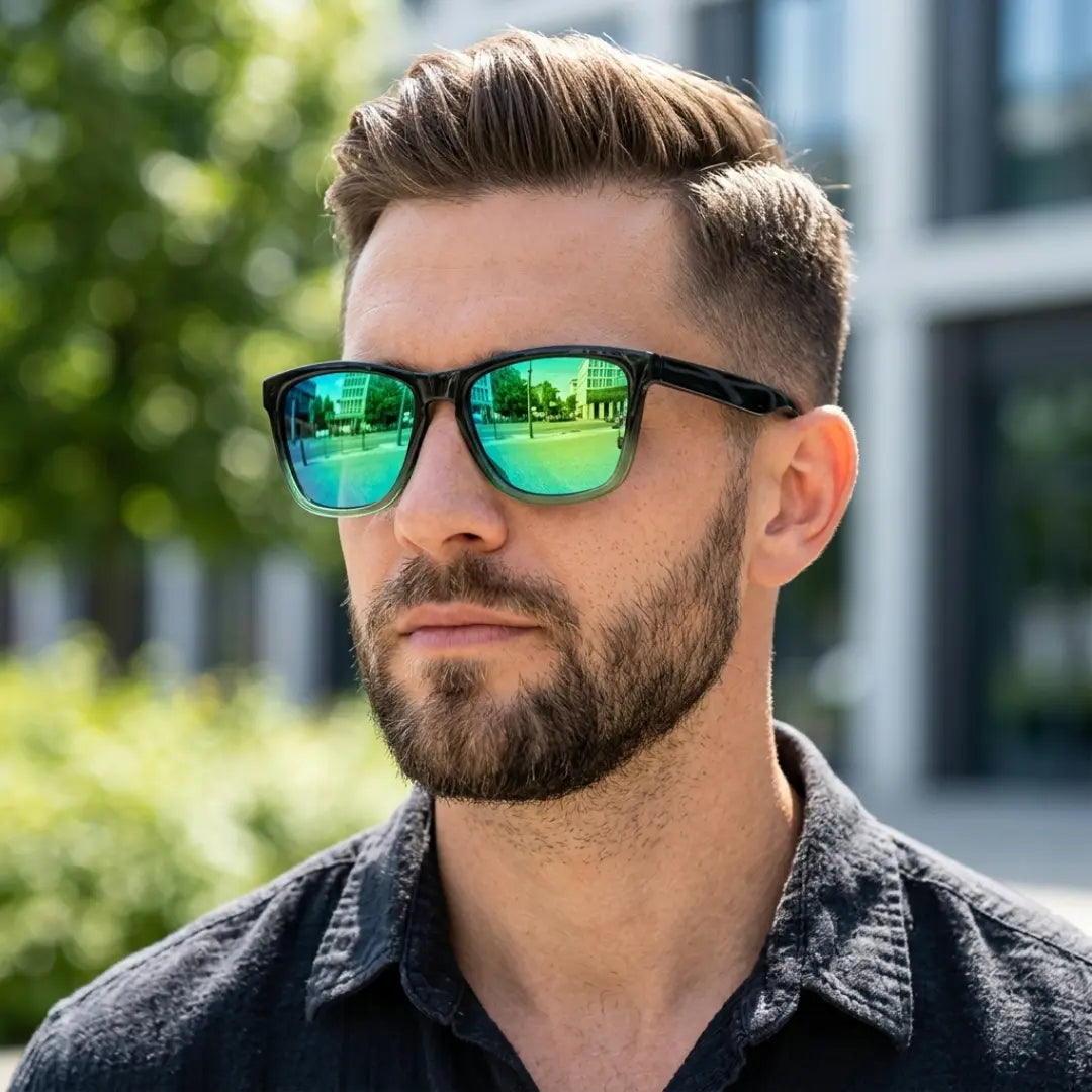 óculos de sol quadrado masculino polarizado espelhado verde frente