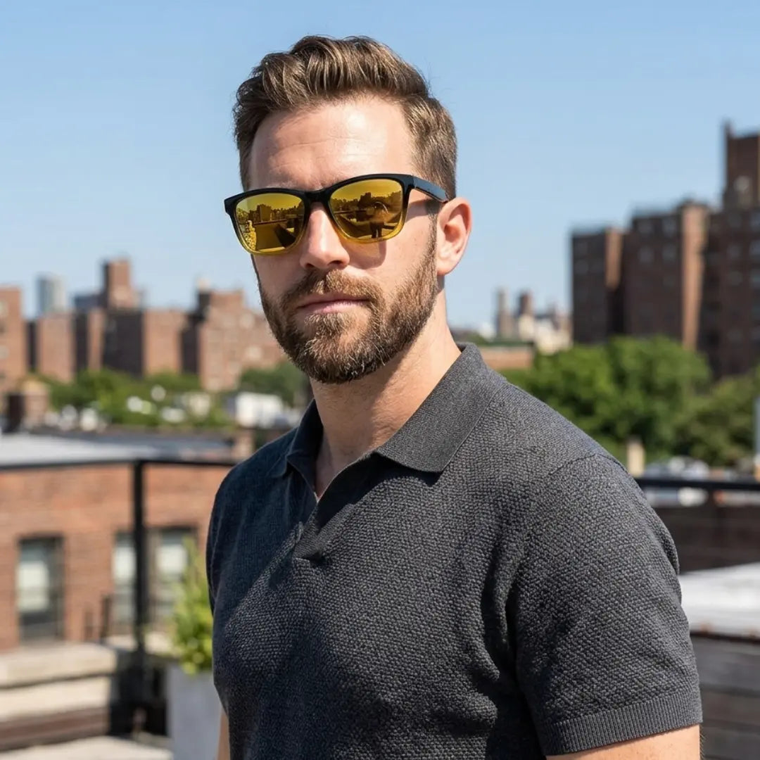 óculos de sol quadrado masculino polarizado espelhado amarelo frente