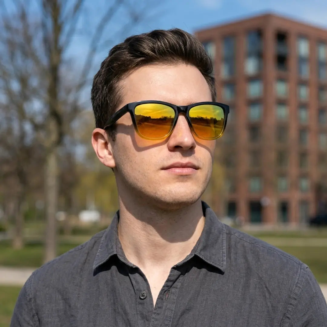 óculos de sol quadrado masculino polarizado espelhado amarelo policarbonato