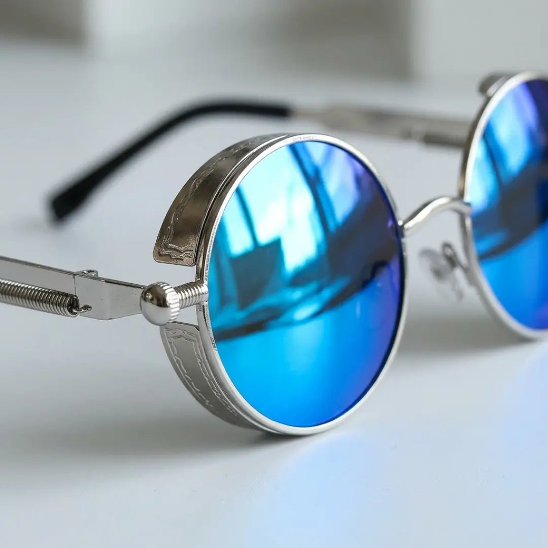 óculos de sol redondo steampunk espelhado azul lente detalhe