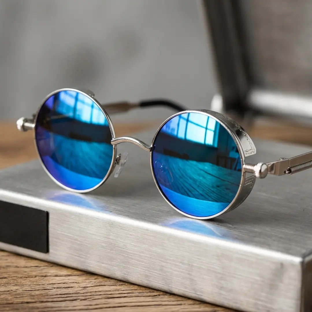 óculos de sol redondo steampunk espelhado azul uv400