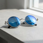 óculos de sol redondo steampunk espelhado azul industrial aco inox