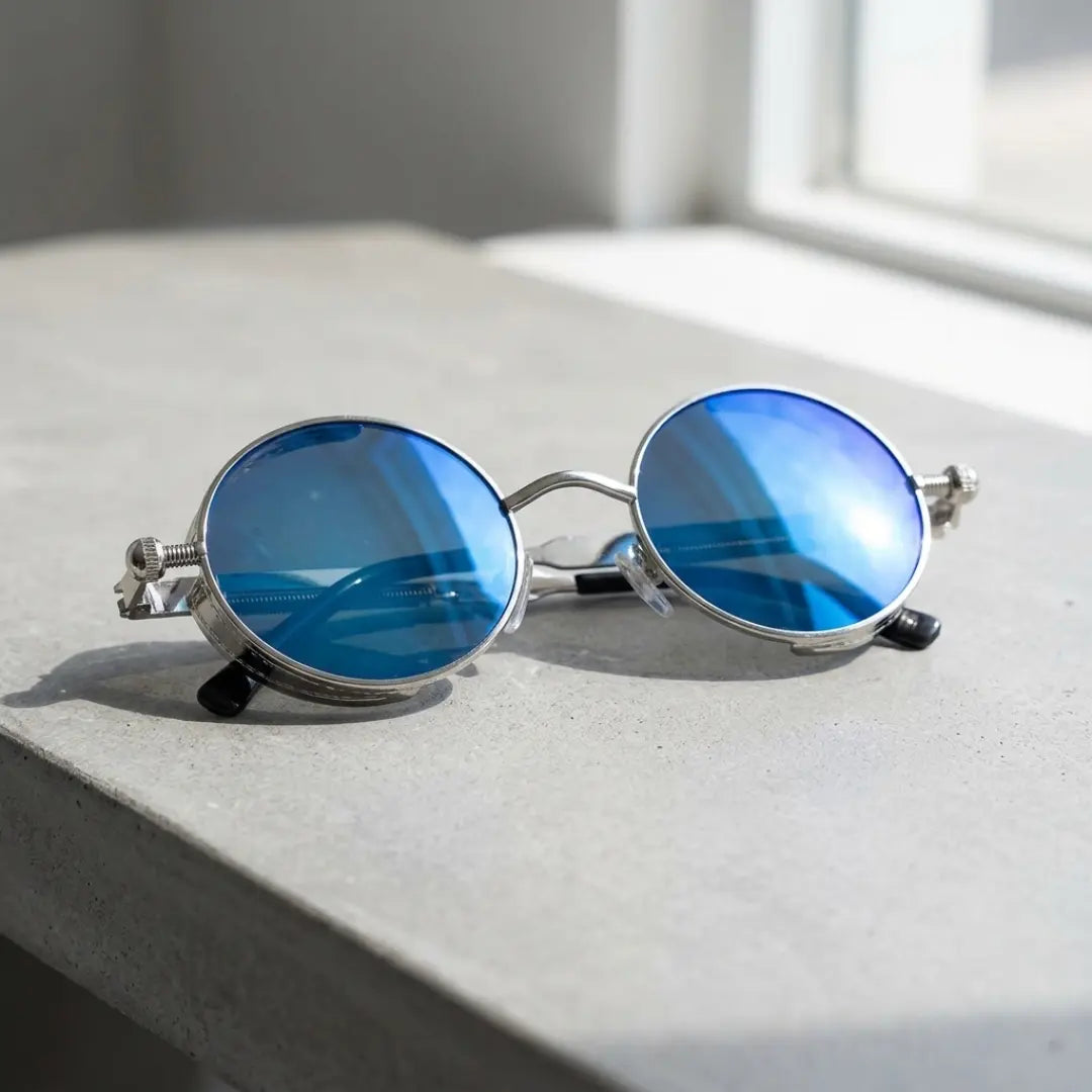 óculos de sol redondo steampunk espelhado azul industrial aco inox