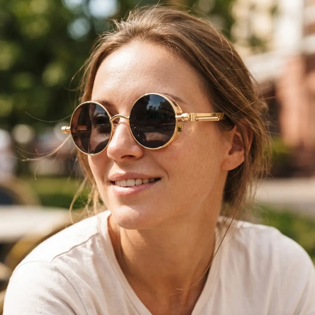 óculos de sol redondo feminino steampunk dourado lentes pretas mionelle manifesto