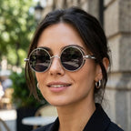 óculos de sol redondo feminino steampunk prateado lentes pretas mionelle manifesto