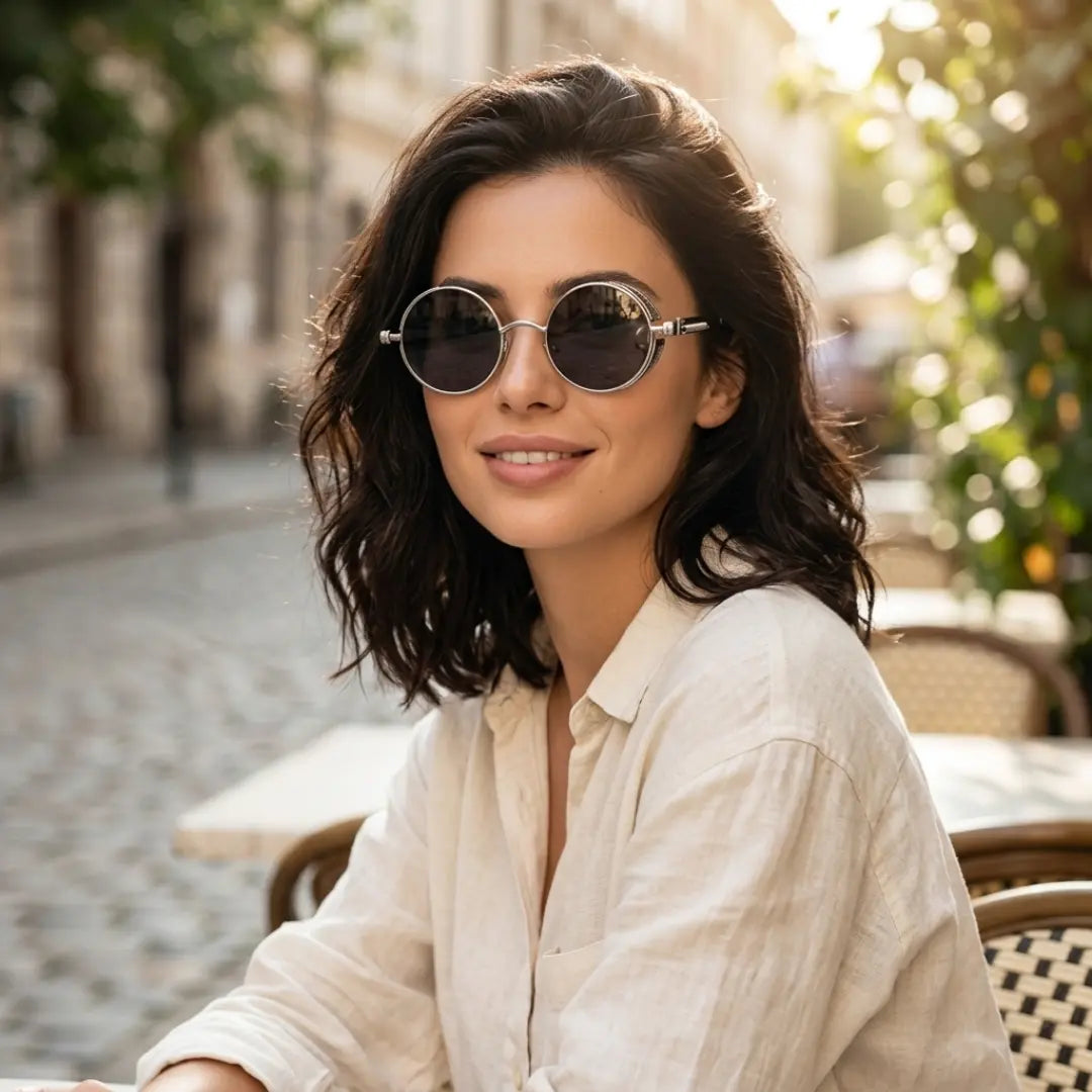 óculos de sol redondo feminino steampunk prateado lentes pretas uv400
