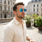 óculos de sol redondo masculino espelhado steampunk azul lente uv400