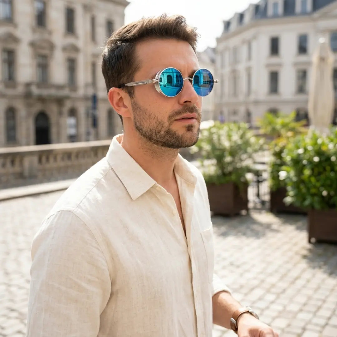 óculos de sol redondo masculino espelhado steampunk azul lente uv400