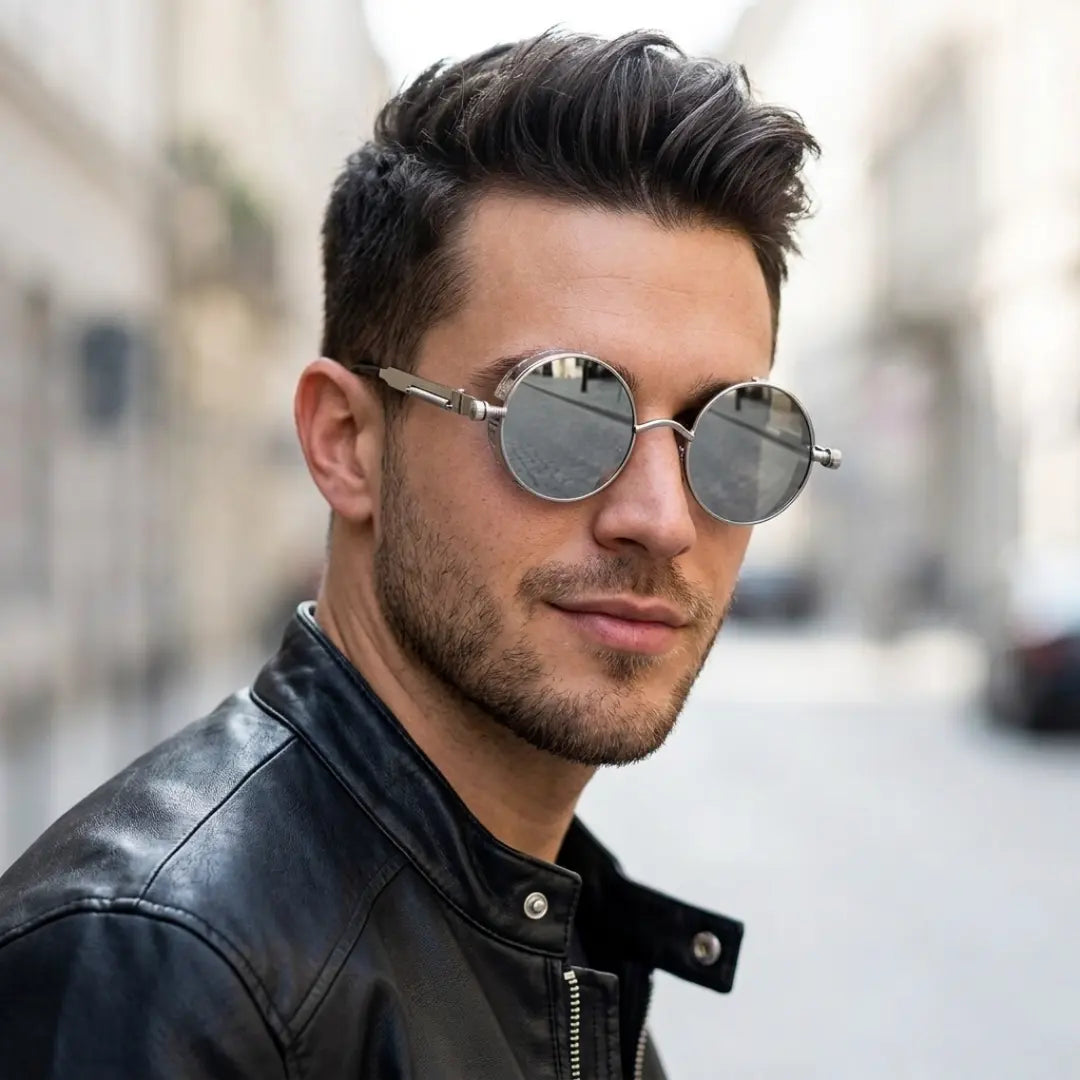 óculos de sol redondo masculino espelhado steampunk prata mionelle manifesto