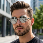 óculos de sol redondo masculino espelhado steampunk prata lente uv400