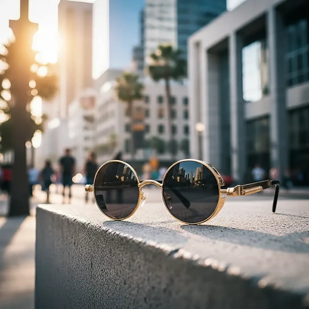 Mionelle Manifesto dourado com lentes pretas em uma cena de uso