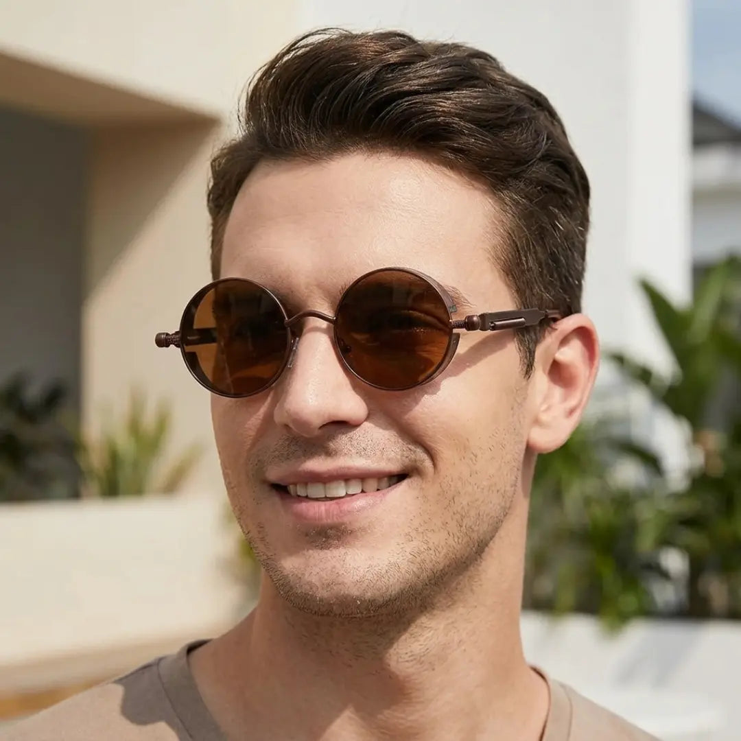 óculos de sol redondo masculino steampunk marrom aço inox uv400